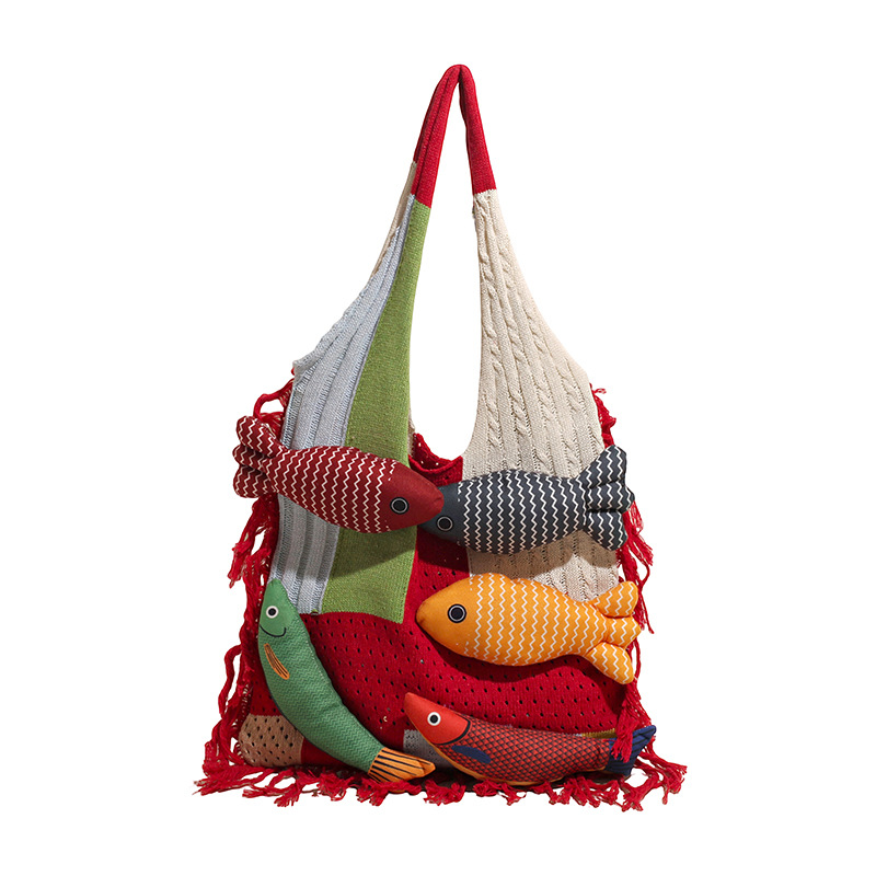 Red handbag strap Knitted Patchwork Tote Bag – Spacious