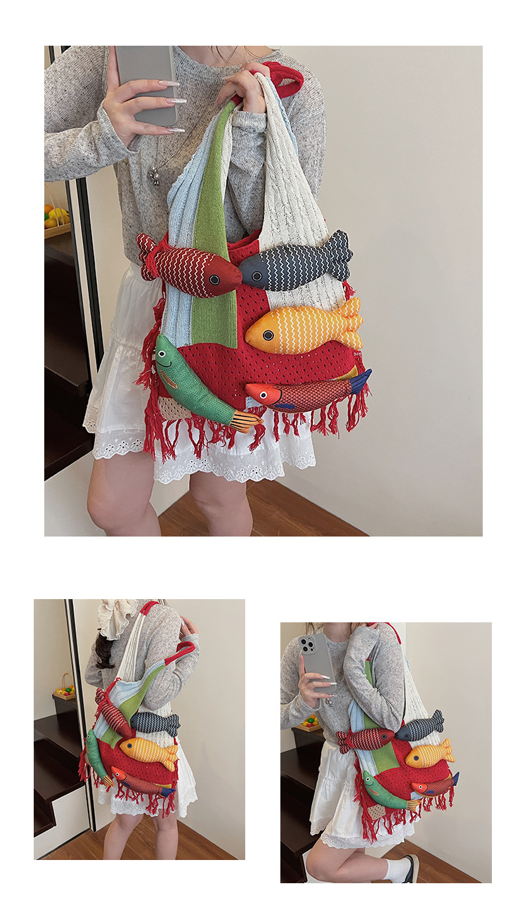 Red handbag strap Knitted Patchwork Tote Bag – Spacious view 6