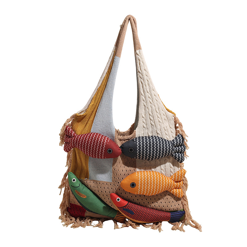 Khaki handbag strap Knitted Patchwork Tote Bag – Spacious