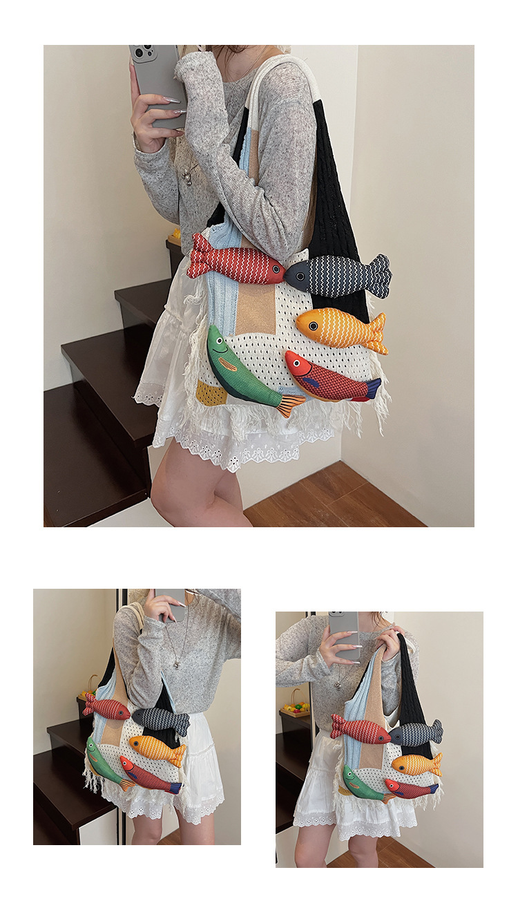 Khaki handbag strap Knitted Patchwork Tote Bag – Spacious view 6