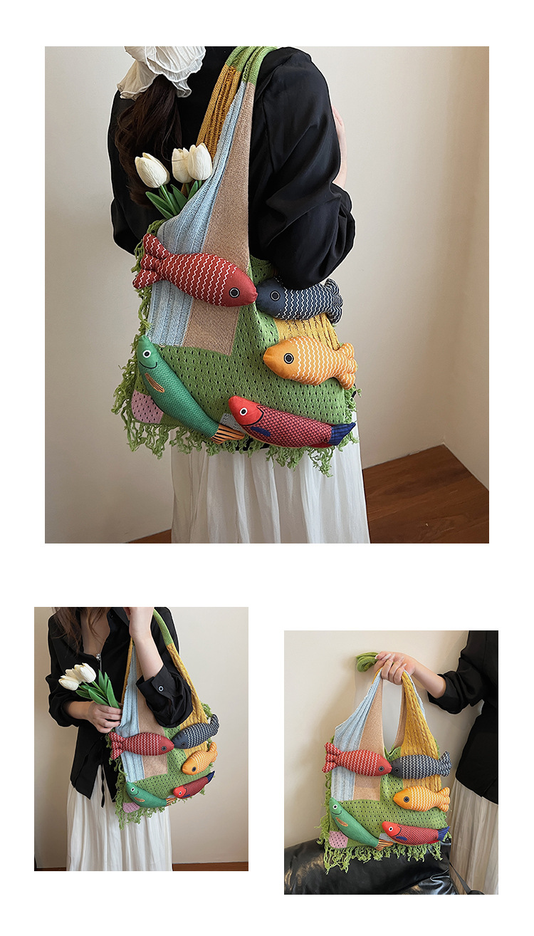Green handbag strap Knitted Patchwork Tote Bag – Spacious view 6