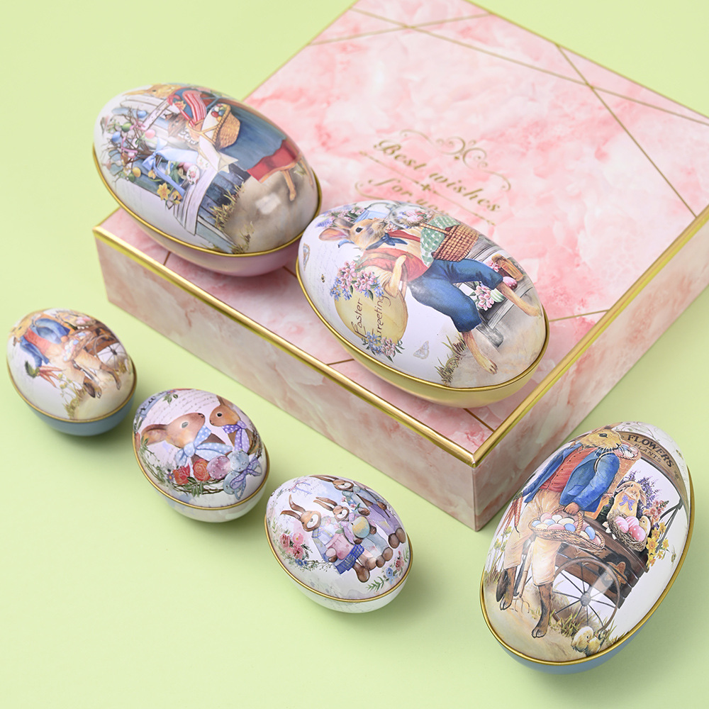 Easter Decorative Tin Egg Set of 3 Sizes with Vintage Rabbit Artwork for Home view 3