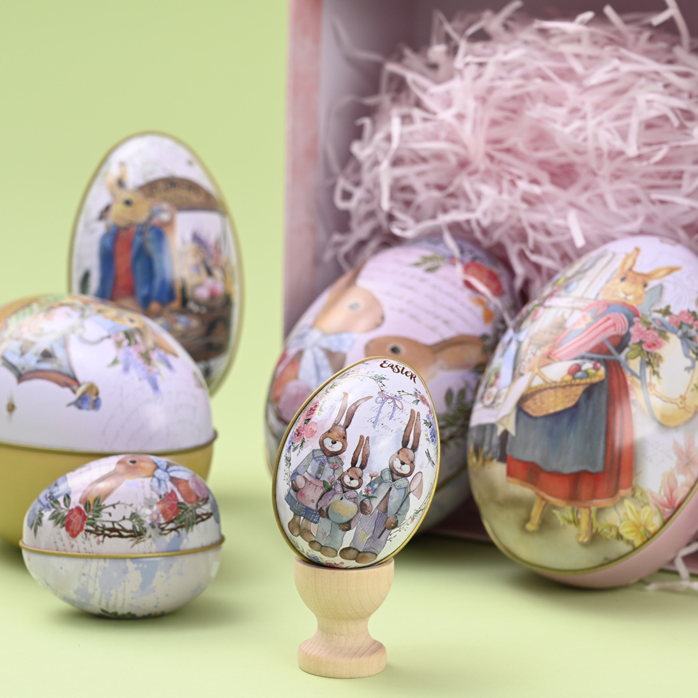 Easter Decorative Tin Egg Set of 3 Sizes with Vintage Rabbit Artwork for Home view 2