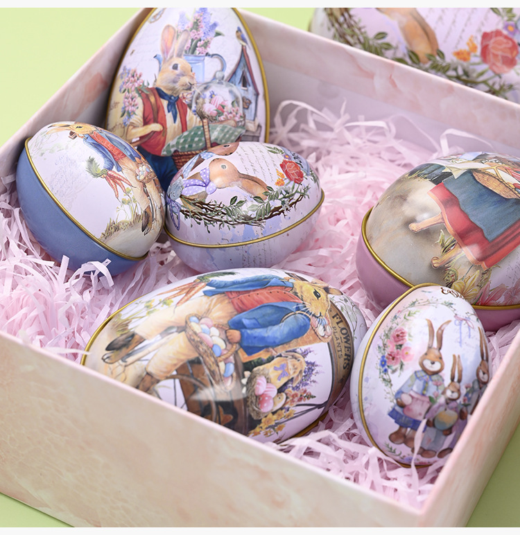 Easter Decorative Tin Egg Set of 3 Sizes with Vintage Rabbit Artwork for Home view 4