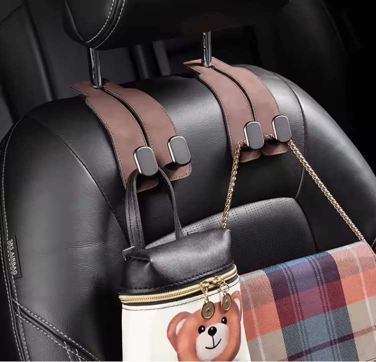 Grey 4-Pack Car Seat Back Hooks – Hidden Suede Leather with Metal Hooks for view 2