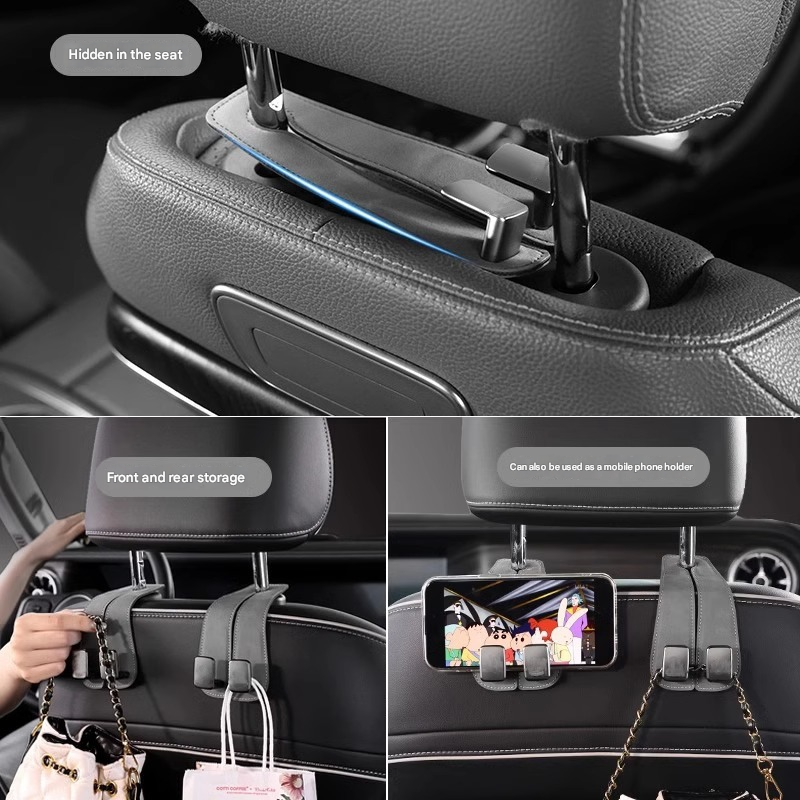 Grey 4-Pack Car Seat Back Hooks – Hidden Suede Leather with Metal Hooks for view 3