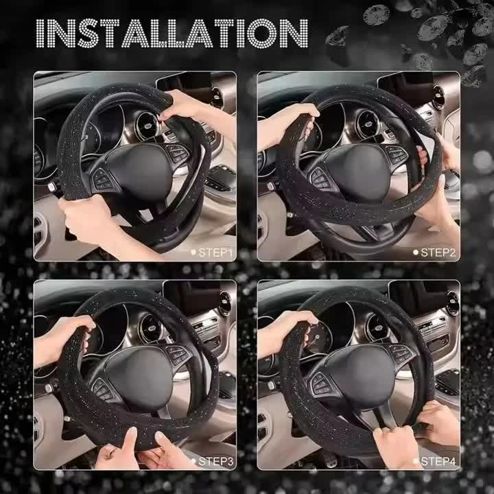 Black Crystal Rhinestone Steering Wheel Cover – Elastic Stretch Design with view 4