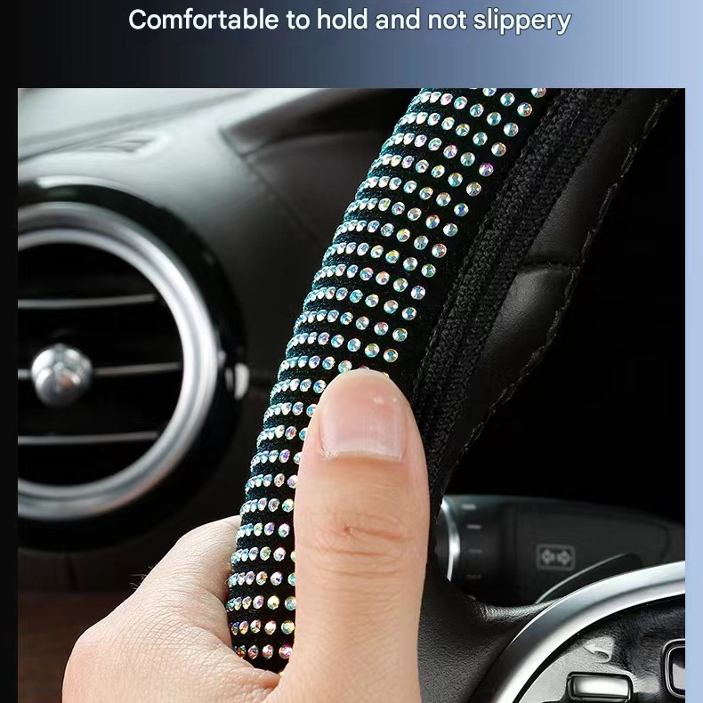 Rose red Crystal Rhinestone Steering Wheel Cover – Elastic Stretch Design with view 2
