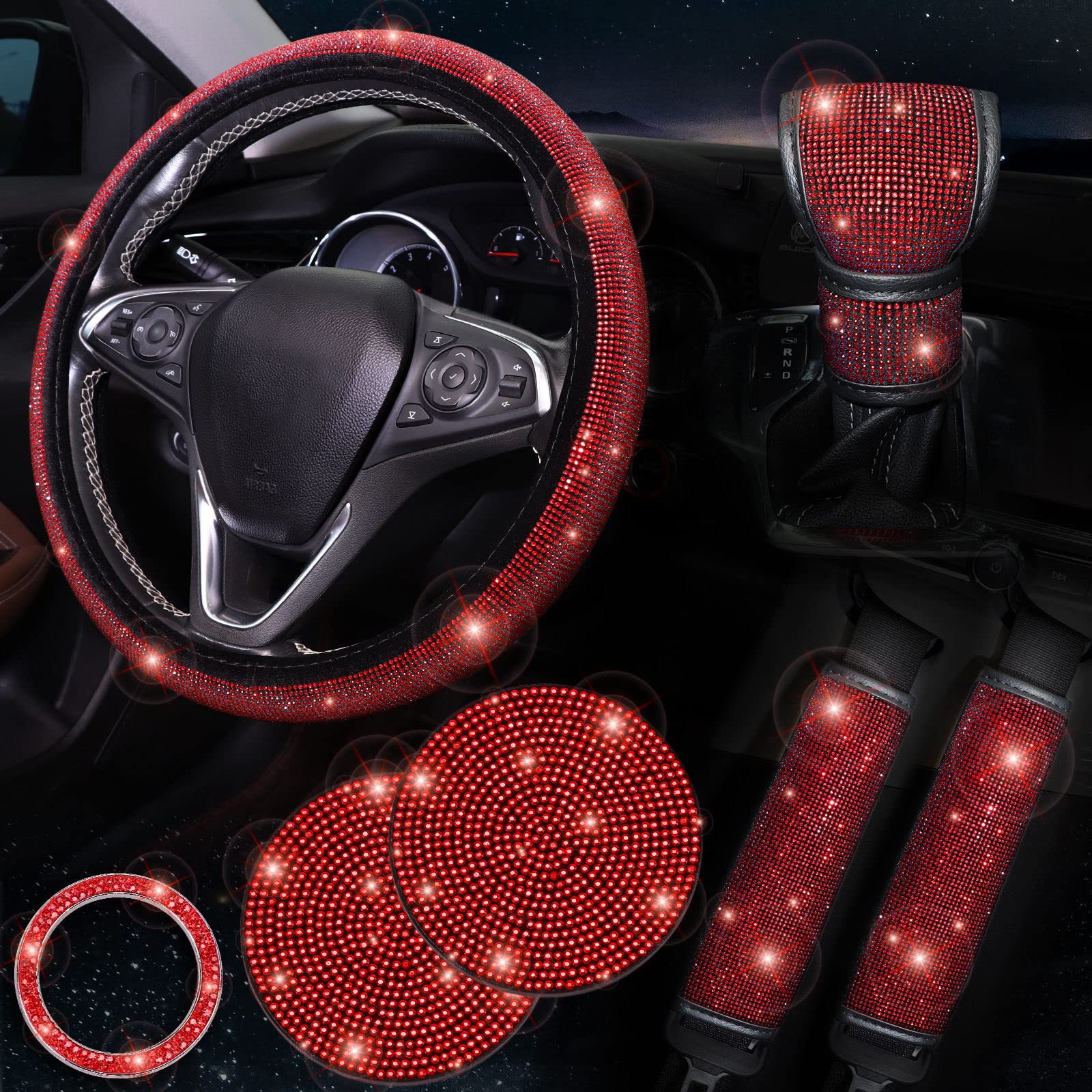 Red 7-Piece Car Interior Decoration Set – Crystal Rhinestone Steering Wheel Cover — image 1