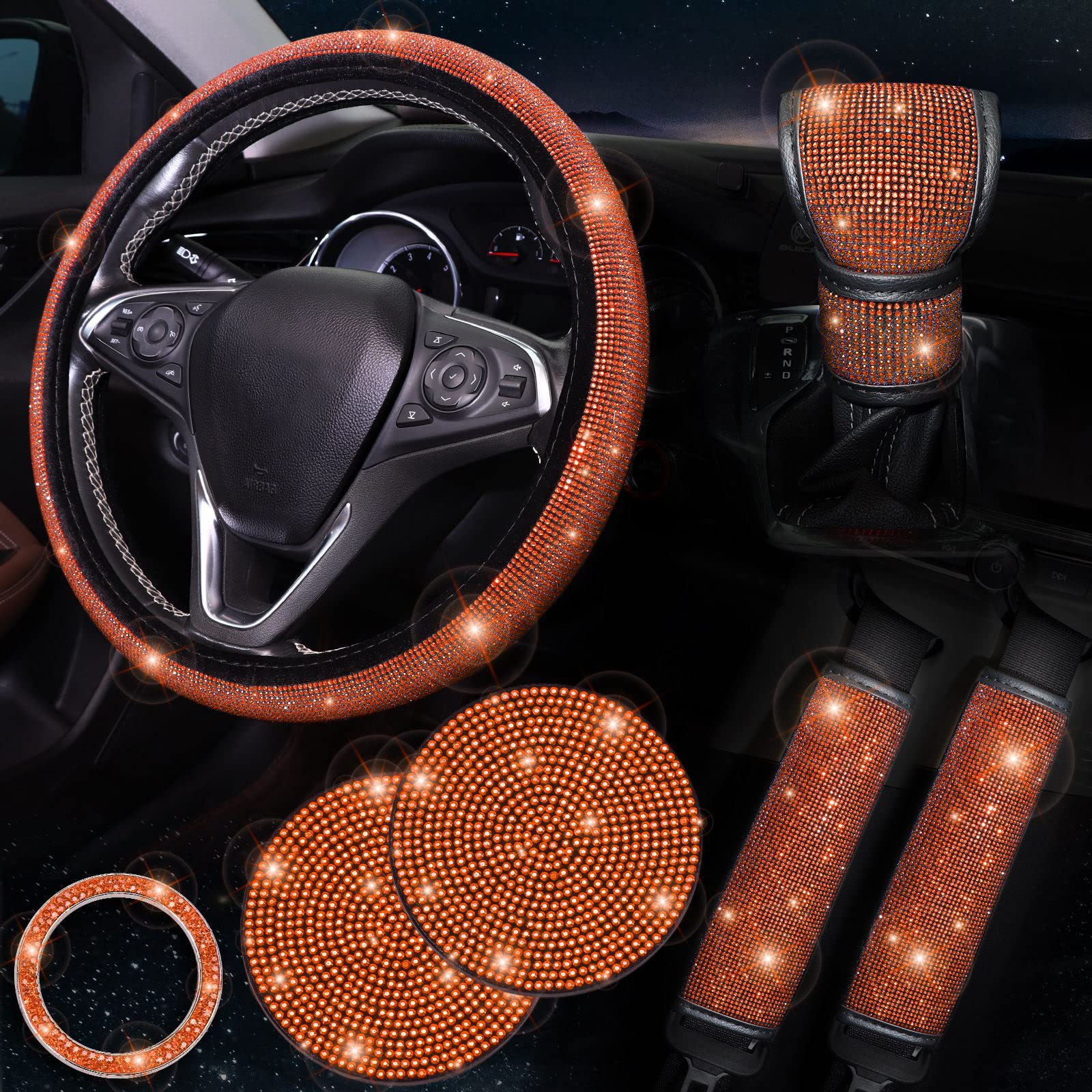 Orange 7-Piece Car Interior Decoration Set – Crystal Rhinestone Steering Wheel — image 1