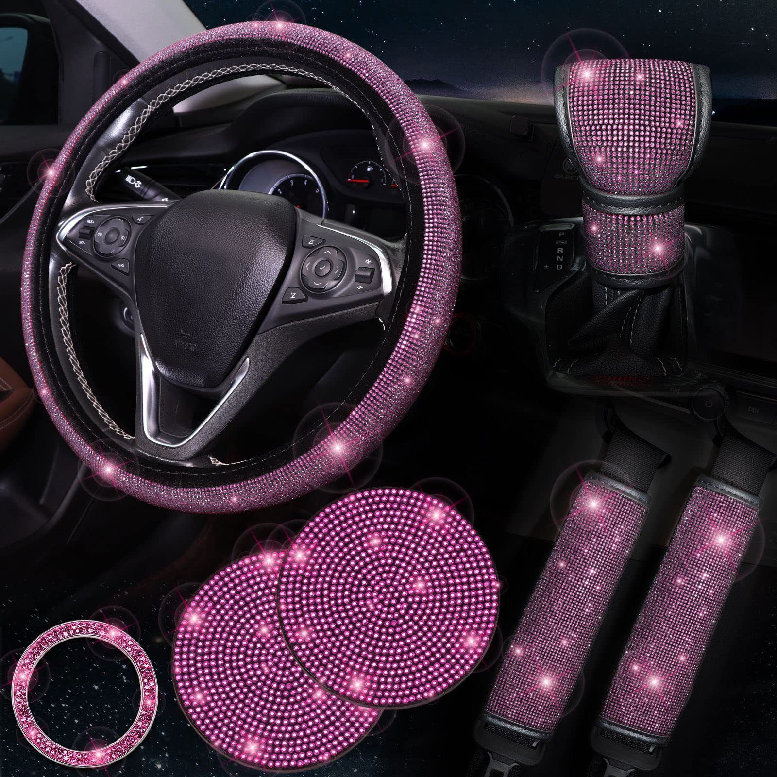 Rose red 7-Piece Car Interior Decoration Set – Crystal Rhinestone Steering — image 1