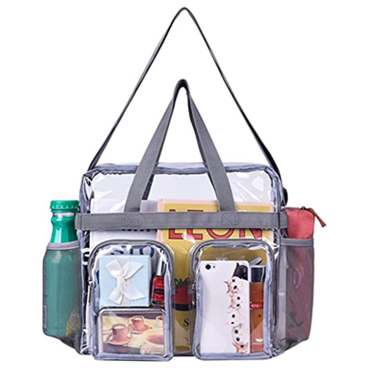 Grey Clear Multi-Pocket Tote Bag – Waterproof & Organized Carryall with Front
