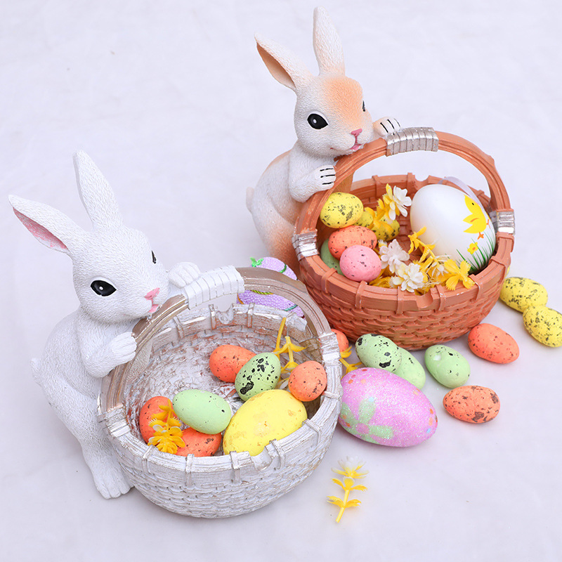 Orange Easter Rabbit Resin Decor with Basket – Festive Home Ornament for view 2