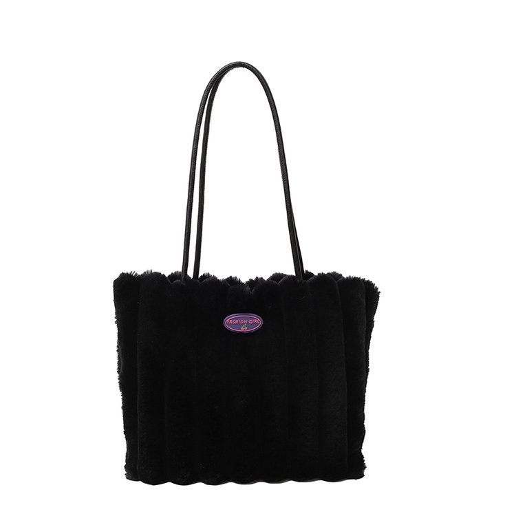 Black Faux Fur Tote Bag with Large Capacity