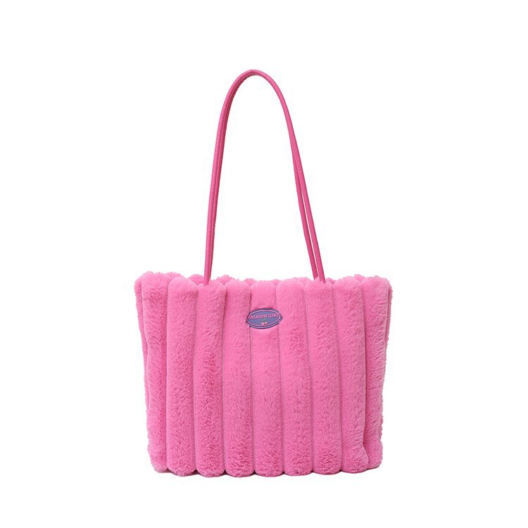 Rose red Faux Fur Tote Bag with Large Capacity