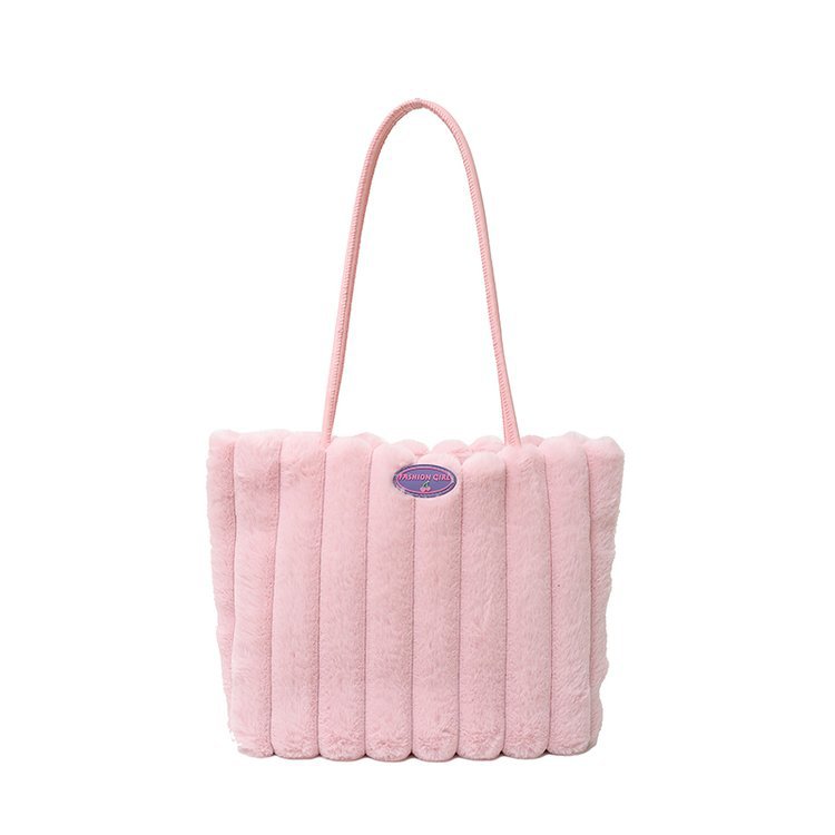 Pink Faux Fur Tote Bag with Large Capacity
