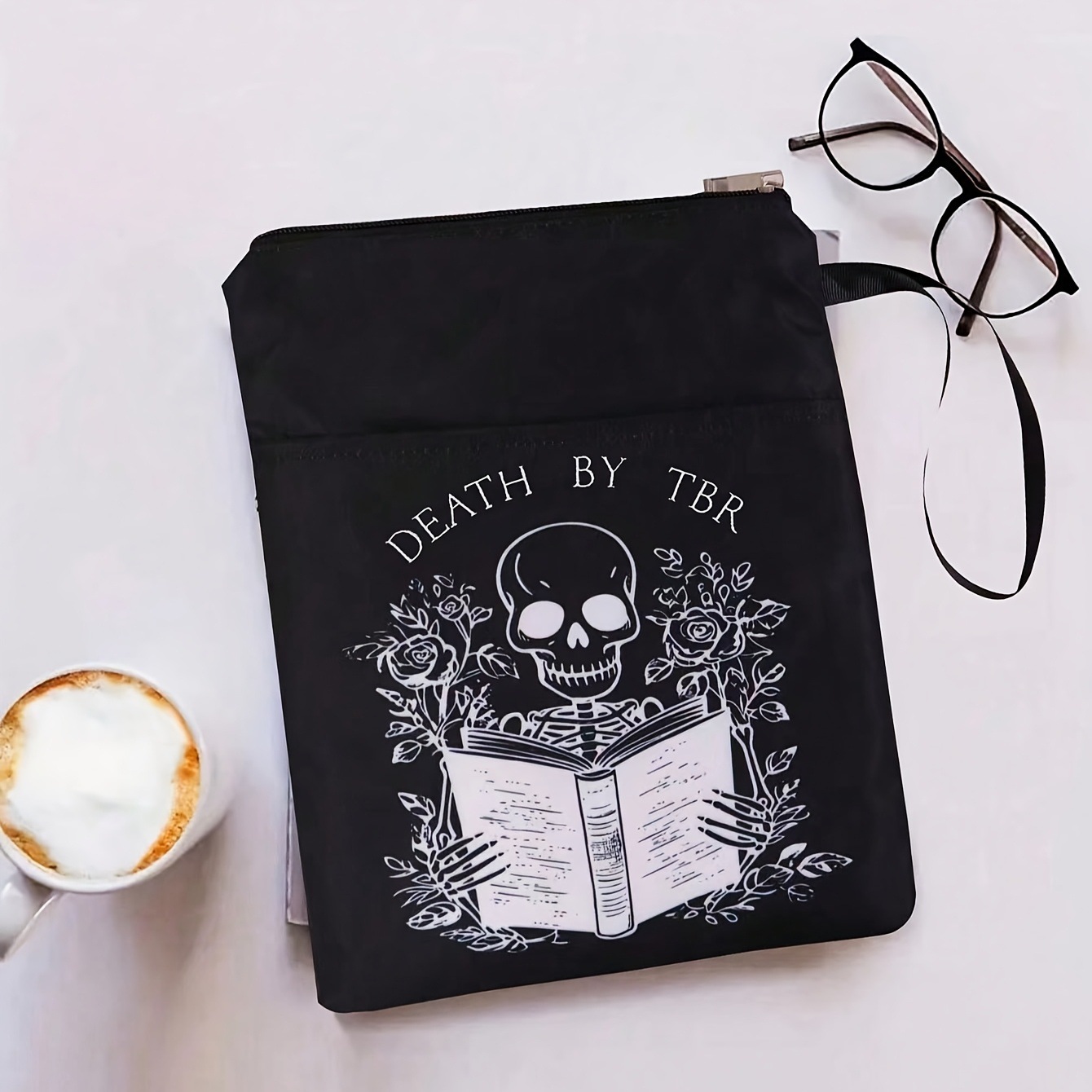 Black skull Zippered Book Sleeve with Printed Design – Waterproof Protective
