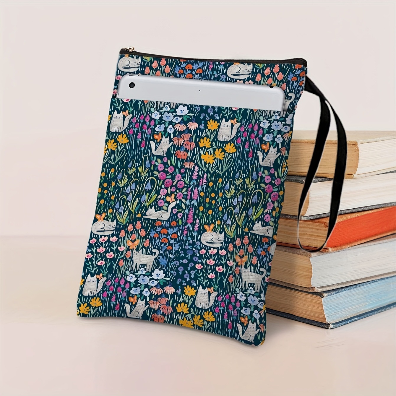 Cat Flowers Zippered Book Sleeve with Printed Design – Waterproof Protective