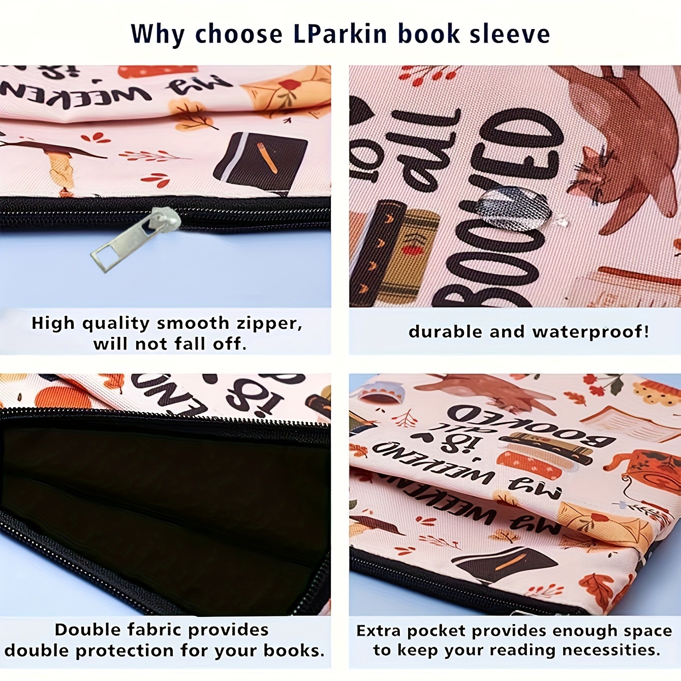 Cats books Zippered Book Sleeve with Printed Design – Waterproof Protective view 2
