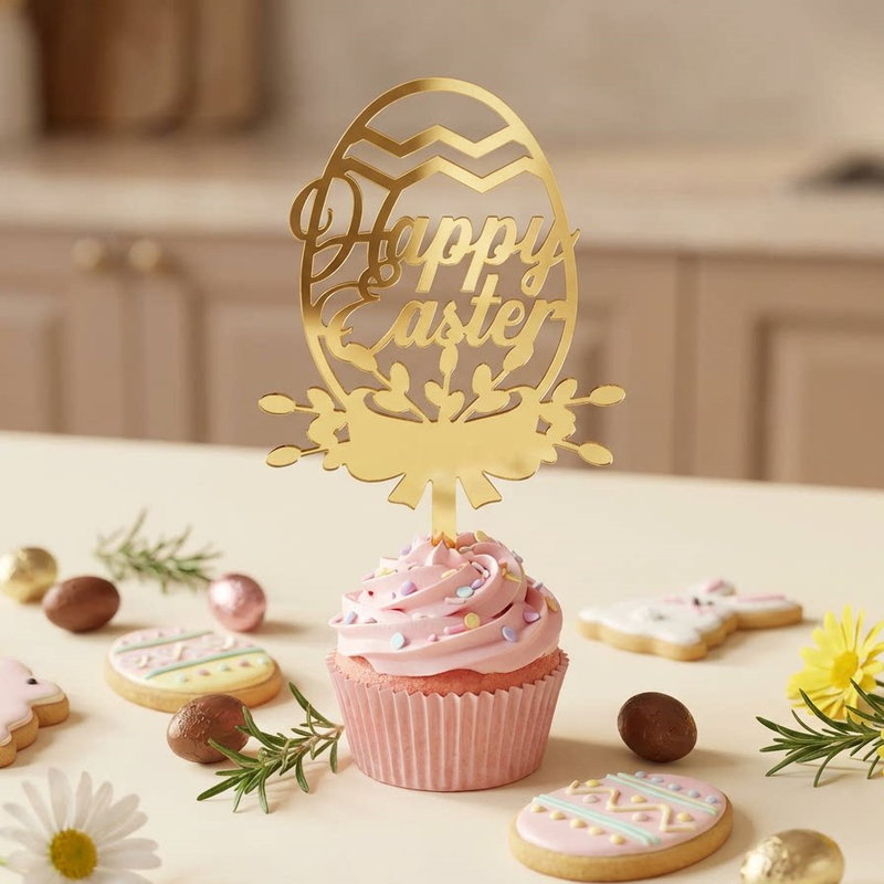 10-Piece Set of Elegant Easter Cake Toppers – Gold Acrylic "Happy Easter" view 2