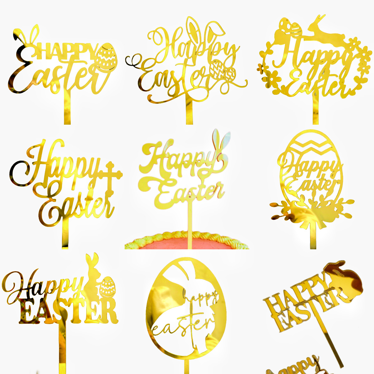 10-Piece Set of Elegant Easter Cake Toppers – Gold Acrylic "Happy Easter" view 5