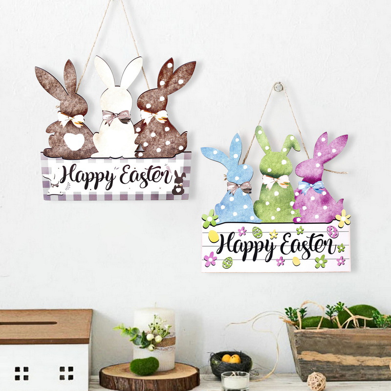 Coffee color 2-Pack Easter Bunny Wooden Sign – Colorful Wooden Hanging Decor view 2
