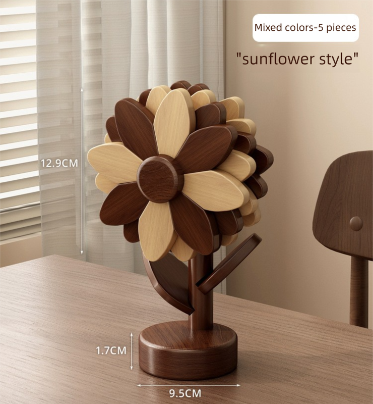 5-Piece Floral-Shaped Trivet Set with Stand – Wooden Heat Resistant Pad for Table