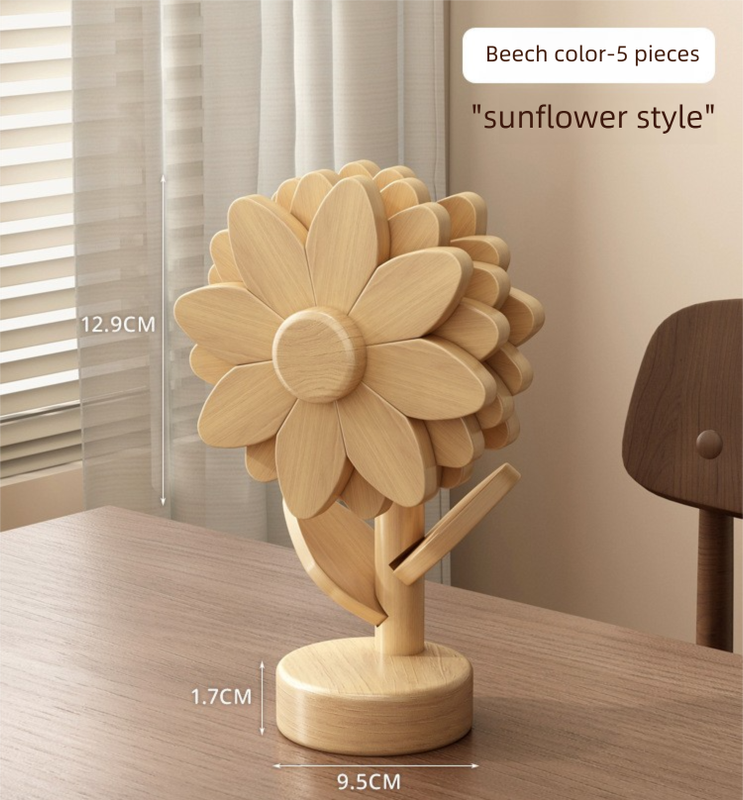 5-Piece Floral-Shaped Trivet Set with Stand – Wooden Heat Resistant Pad for Table