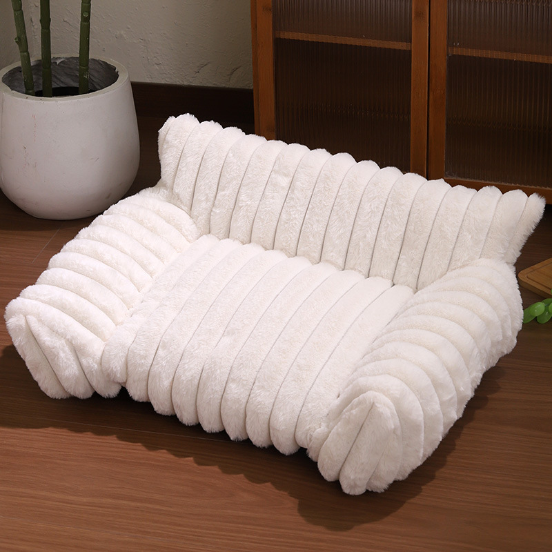 White Plush Ribbed Pet Sofa Bed for Dogs and Cats - Thickened Milk Velvet Cushion