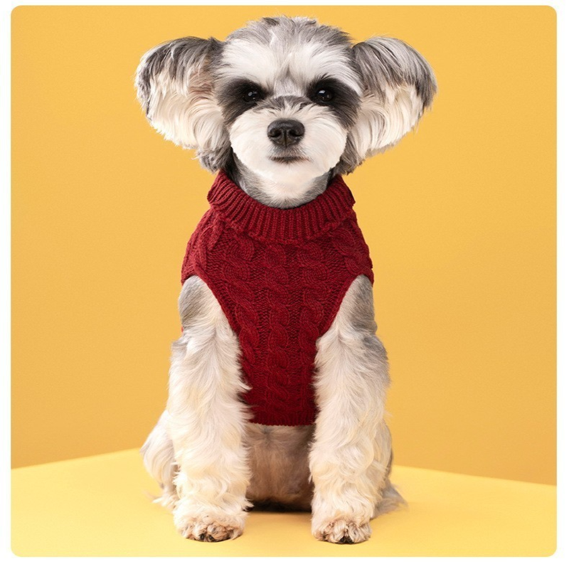 Red Fall & Winter Pet Knit Sweater – Solid Color Cable Knit Turtleneck for view 2