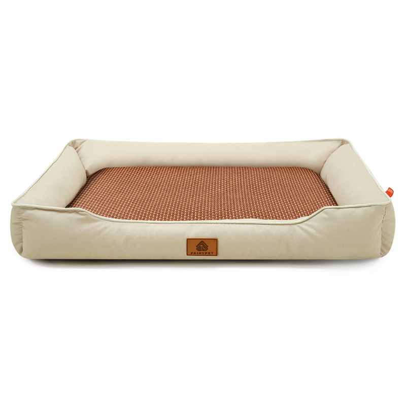 Khaki Rectangular Pet Bed with Removable Cooling Mat – Durable 600D Oxford