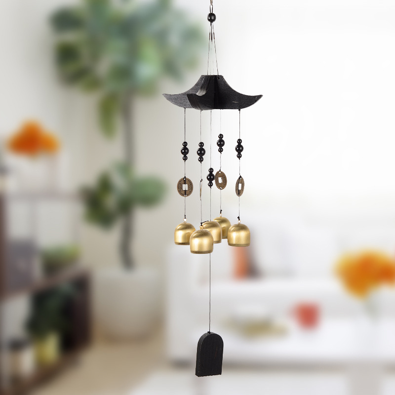 Brass Wind Chime with Wooden Pagoda Top – Elegant Metal Door & Home Decor Ornament view 3