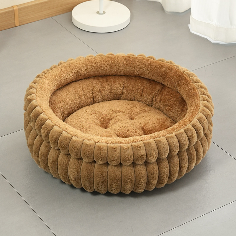 Coffee color Plush Round Pet Bed with Removable Cushion M Size