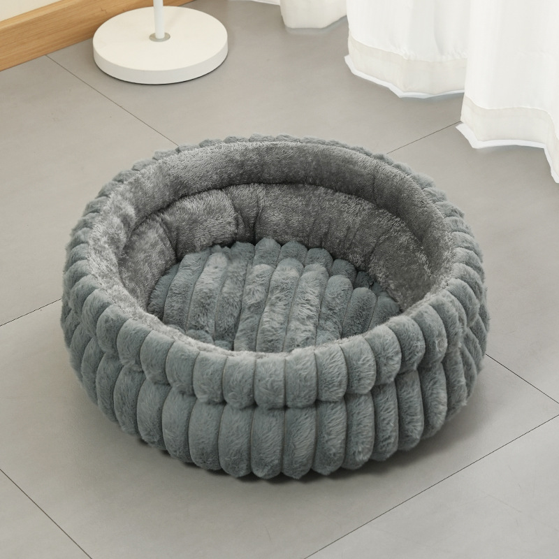 Grey Plush Round Pet Bed with Removable Cushion M Size