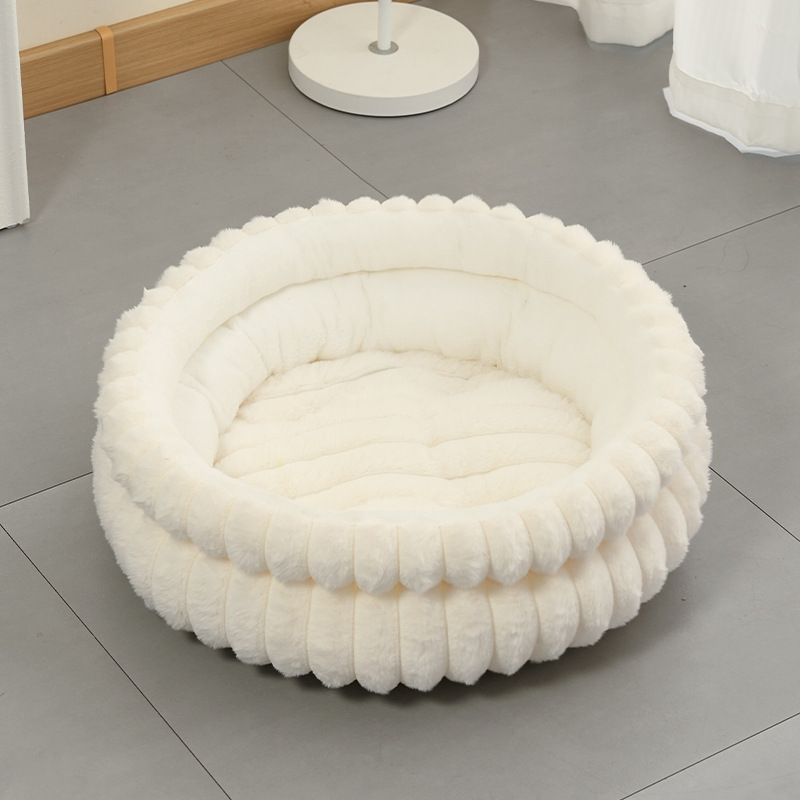 White Plush Round Pet Bed with Removable Cushion M Size