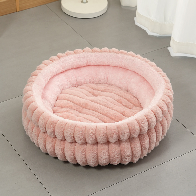 Pink Plush Round Pet Bed with Removable Cushion M Size