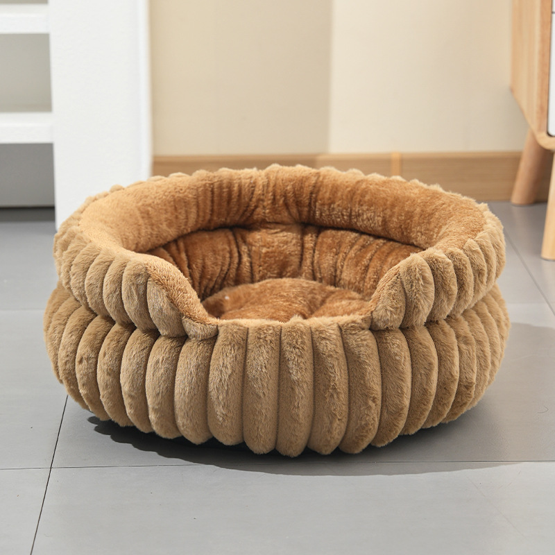 Coffee color Plush Round Pet Bed with Removable Cushion M Size