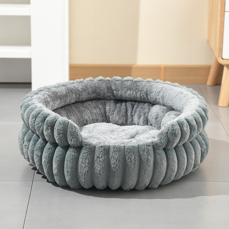 Grey Plush Round Pet Bed with Removable Cushion M Size