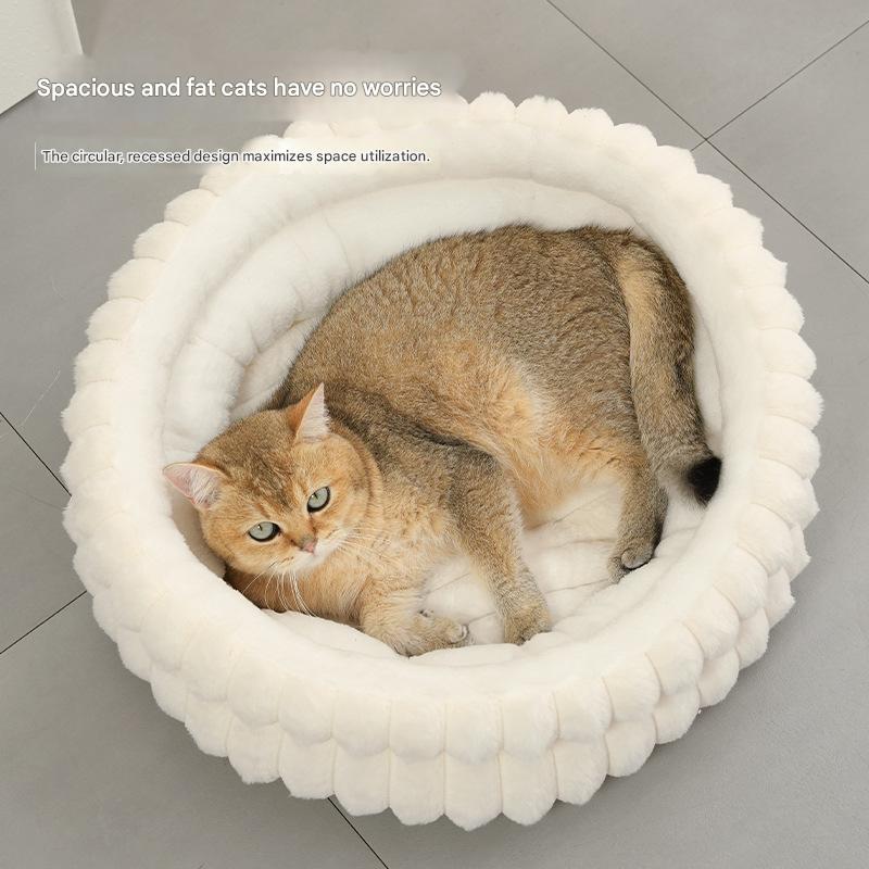 White Plush Round Pet Bed with Removable Cushion M Size view 3