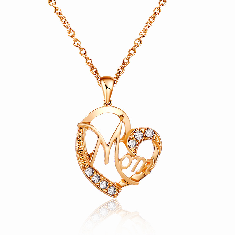 Golden MOM Heart Pendant Necklace with Rhinestones - Adjustable 47+5cm Chain