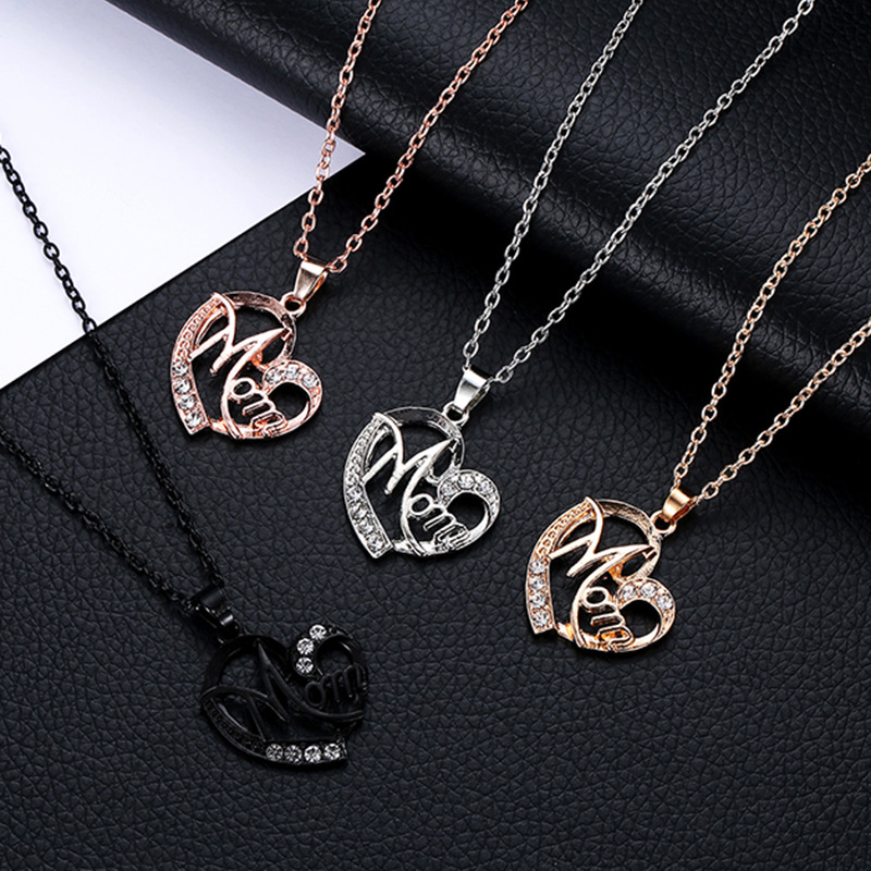Golden MOM Heart Pendant Necklace with Rhinestones - Adjustable 47+5cm Chain view 3