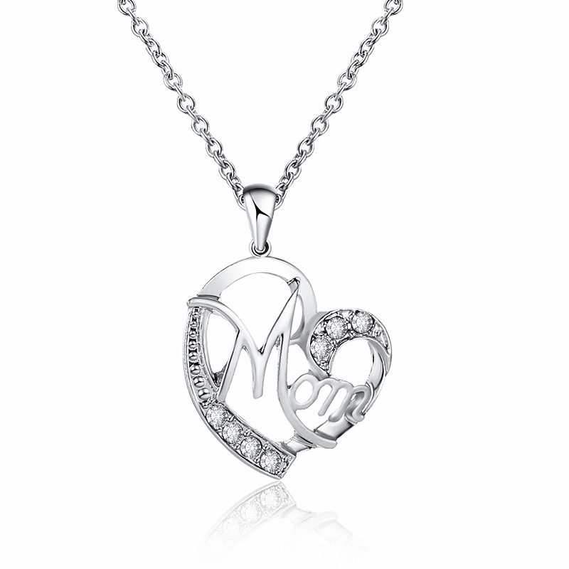 Silver MOM Heart Pendant Necklace with Rhinestones - Adjustable 47+5cm Chain