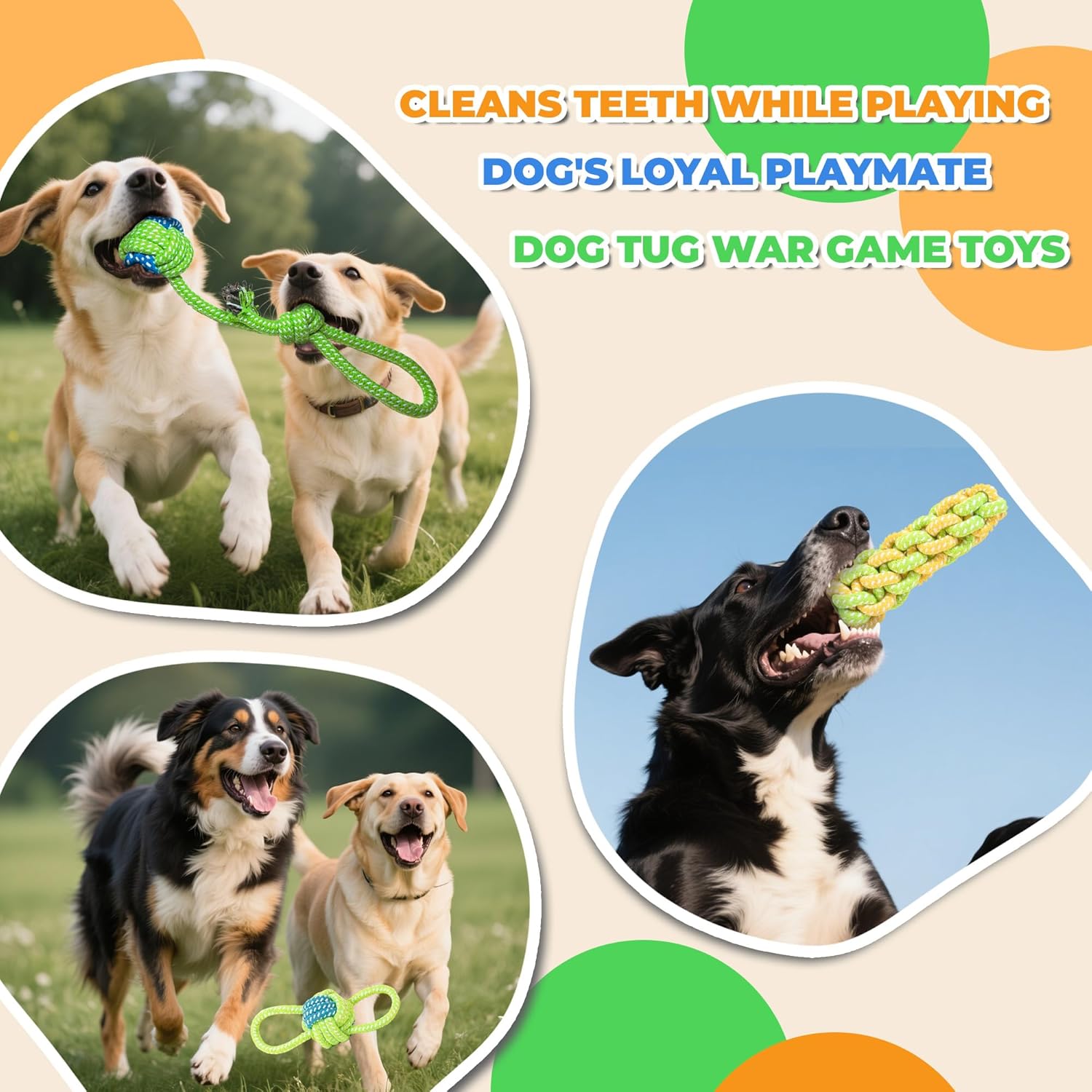 7-Piece Green Durable Cotton Rope Dog Toy Set - Washable Knotted Ball & Tug view 2