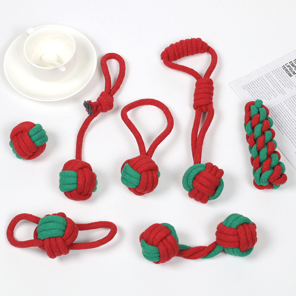 7-Piece Red and Green Durable Cotton Rope Dog Toy Set - Washable Knotted Ball