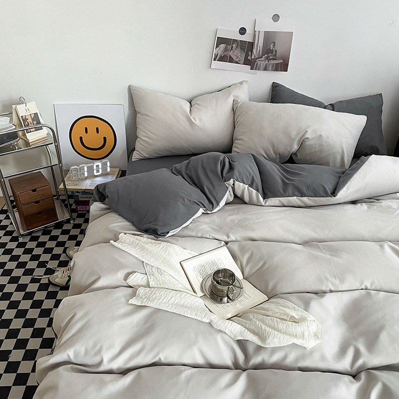 Haze gray Washed Cotton Bedding Set - Solid Color Fitted Sheet Style