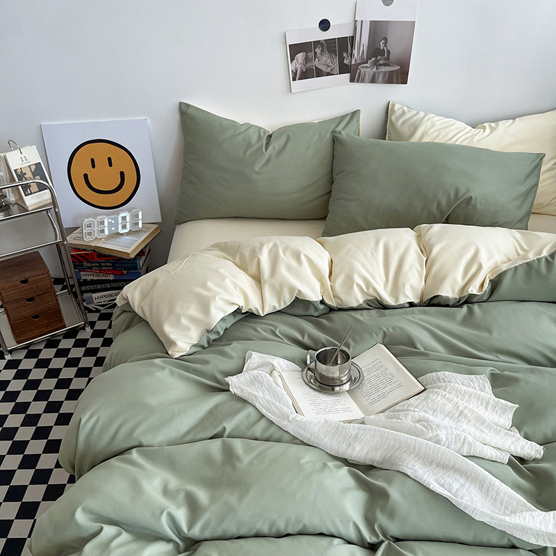 Matcha Cheese Washed Cotton Bedding Set - Solid Color Fitted Sheet Style