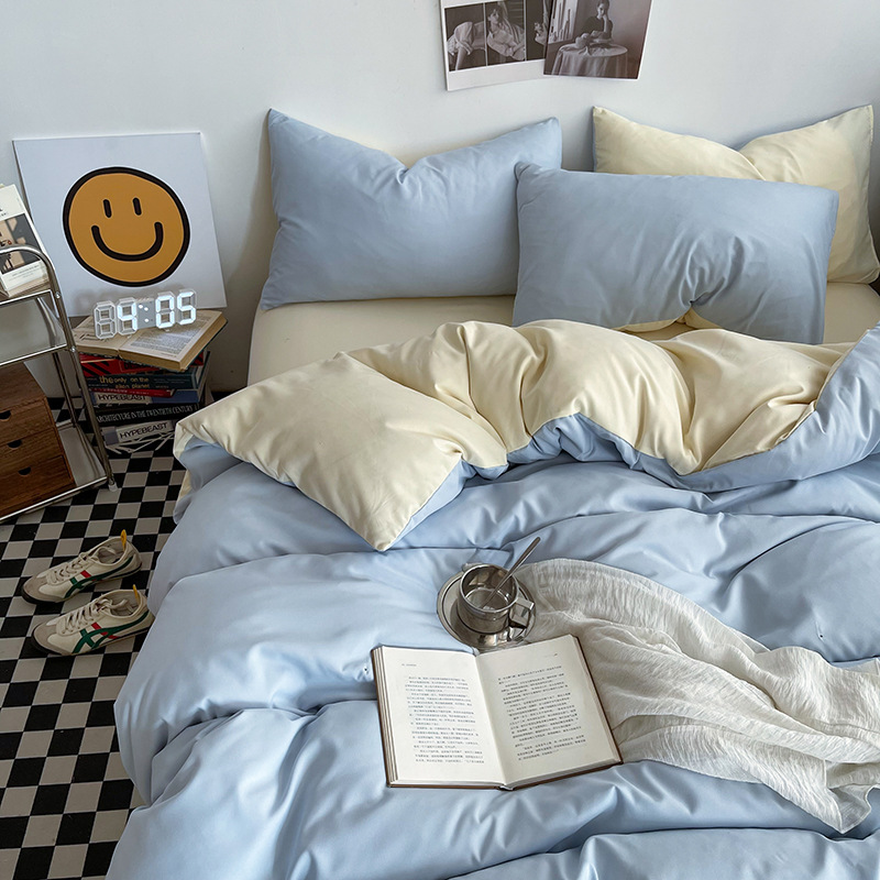 Light blue cheese Washed Cotton Bedding Set - Solid Color Fitted Sheet Style