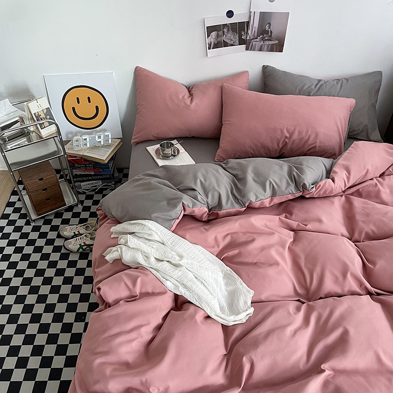 Light grey and pink Washed Cotton Bedding Set - Solid Color Fitted Sheet Style