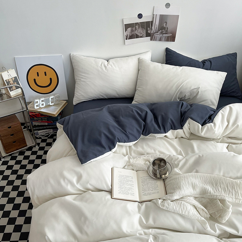 White and Dark Grey Washed Cotton Bedding Set - Solid Color Fitted Sheet Style