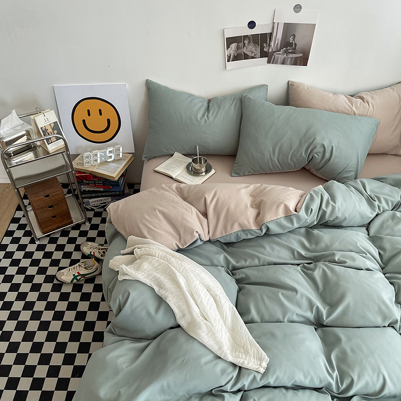 Matcha khaki Washed Cotton Bedding Set - Solid Color Fitted Sheet Style